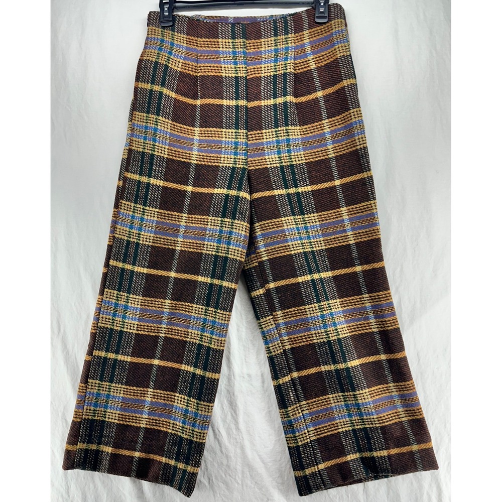 Plaid Wide Leg Trousers Brown Mustard Yellow High Waist Crop Pants Size 10